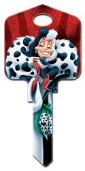 D98 - Cruella De Vil Disney,key,keys,house key,house keys,license,licensed,cruella,de,vil,kw,sc1,wr,101 Dalmations, Cruella De Vil, house key blank, licensed, painted