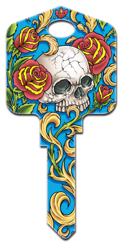AI1 - Skull & Roses  Achilles Ink, Skull and Roses, painted, licensed house key blanks,key,keys,licensed,house key,house keys,art,official