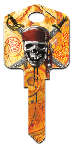 D28 - Skull & Swords  Disney,pirates,pirates,of,the,caribbean,skull,sword,swords,art,key,house key,keys,howard,howard keys,sc1,wr,kw,Pirates of the Caribbean, Skull & Swords licensed painted house key blank