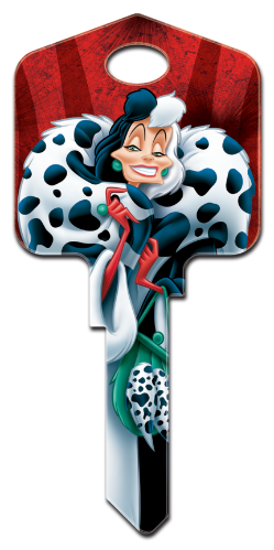 D98 - Cruella De Vil  Disney,key,keys,house key,house keys,license,licensed,cruella,de,vil,kw,sc1,wr,101 Dalmations, Cruella De Vil, house key blank, licensed, painted